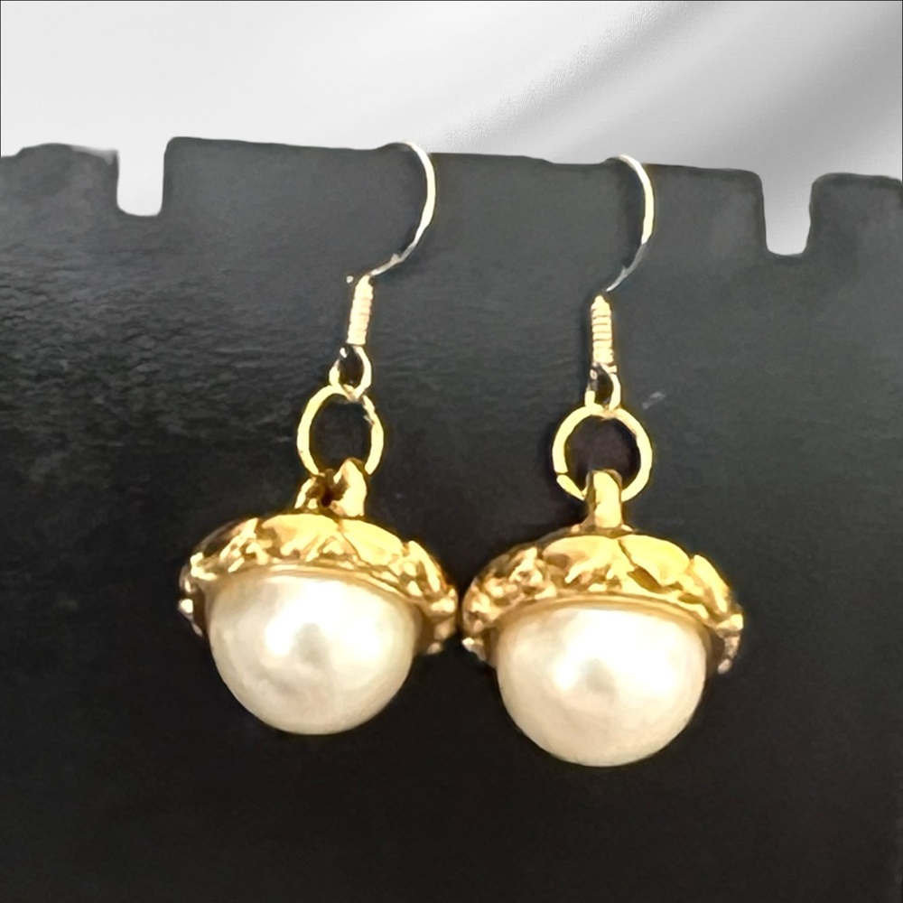 Elegant Gold plated and White Pearl Drop Earrings